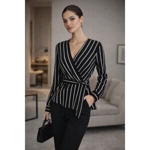 H&M Black & White Striped Wrap Blouse Size S | Long Sleeve Office Siren Minimal